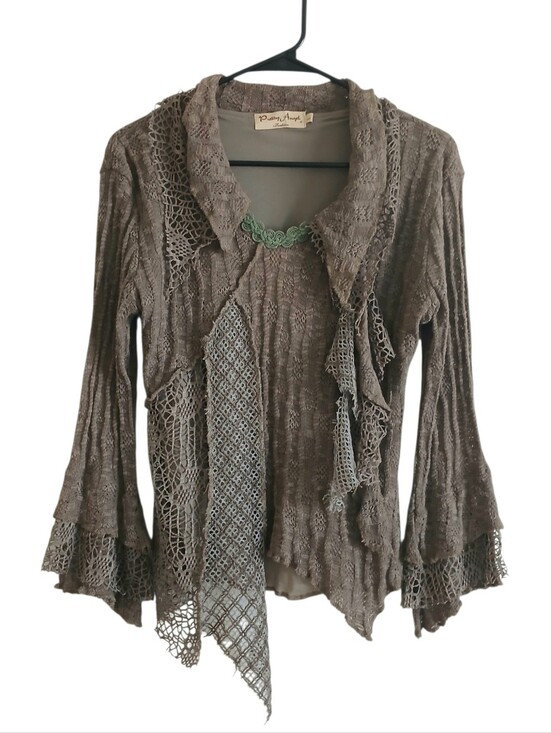 Pretty Angel Tops - PRETTY ANGEL Mixed Media Goblincore Bell Sleeve Top Women's L Brown Crochet